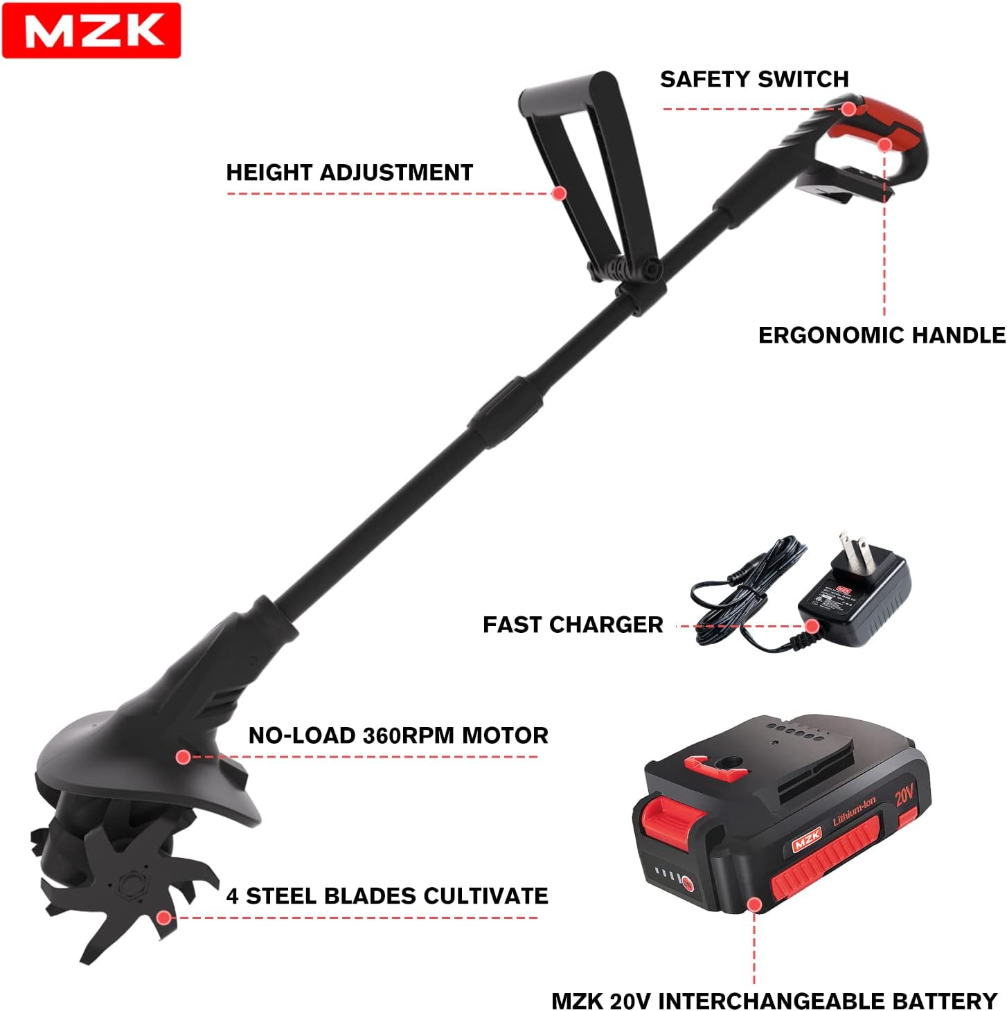 MZK Cordless Tiller Cultivator with 24 Steel