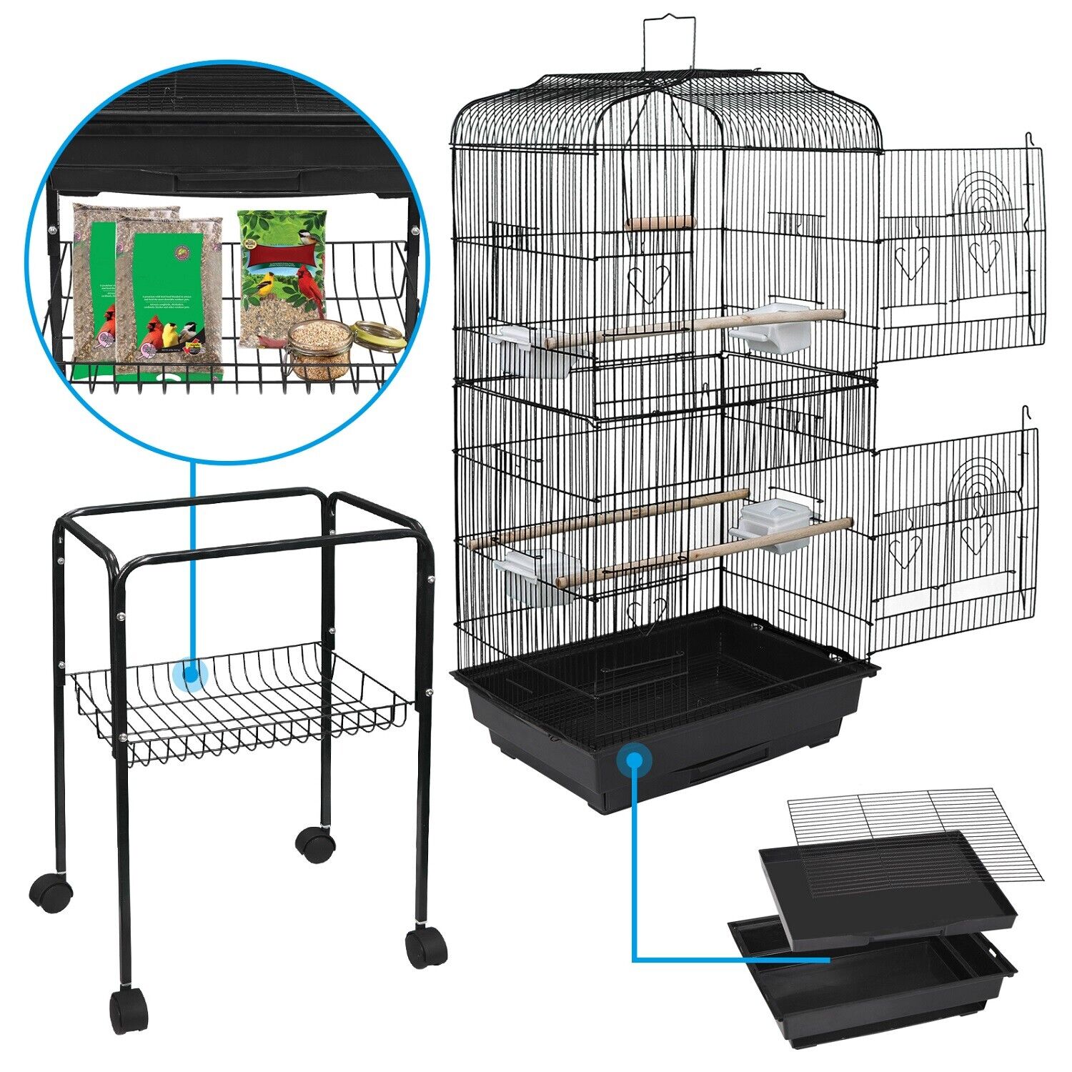 Hanging Bird Cage with Rolling Stand 59''